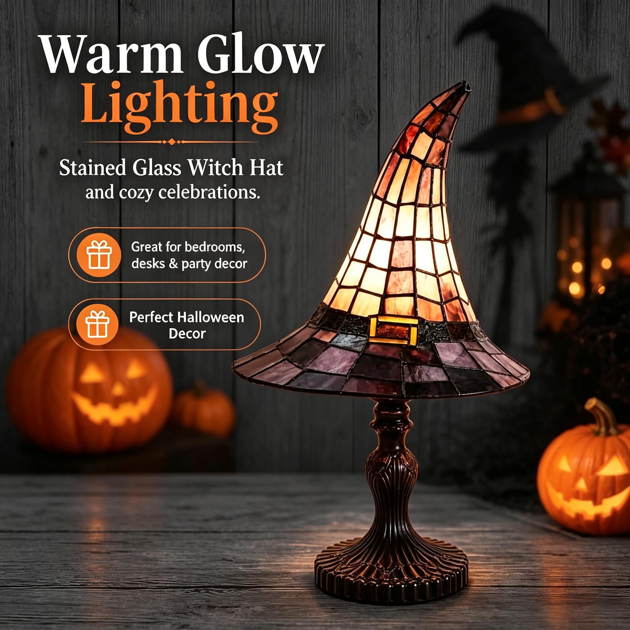 Colorful witch hat table lamps, large and mini Halloween Tiffany-style decorative lamps, spooky desktop nightlights, perfect for family gatherings and bedroom décor.