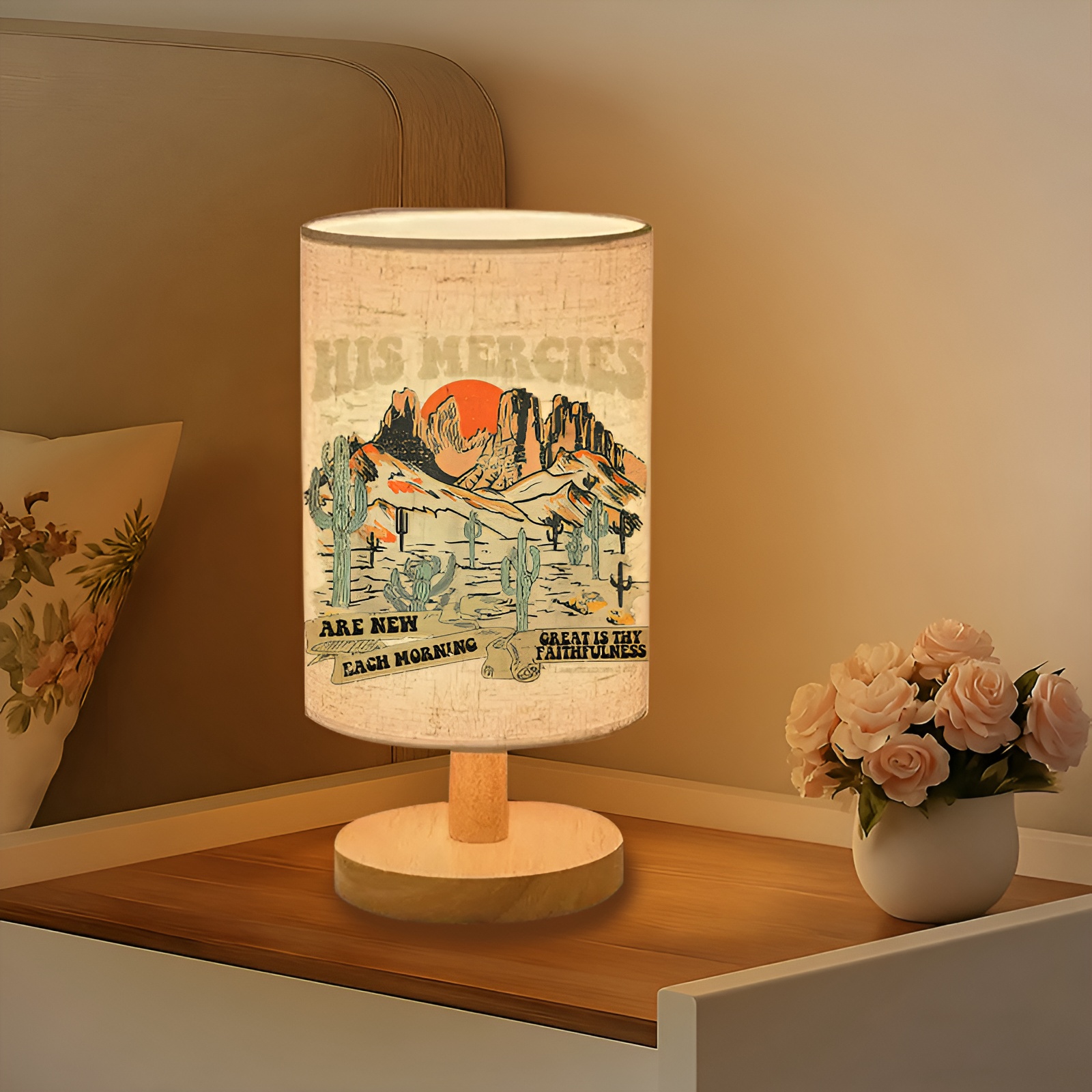 Modern USB-Powered Linen Table Lamp with Western Desert Landscape