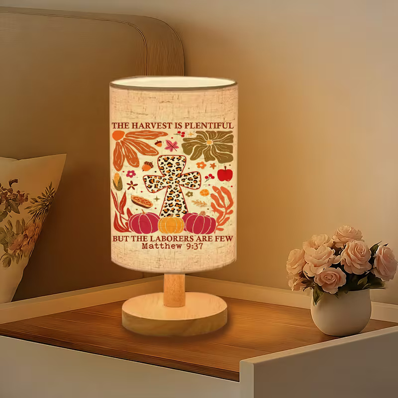 Modern USB-Powered Linen Table Lamp with Floral & Fruit Patterns (Peaches, Apples, Pears)