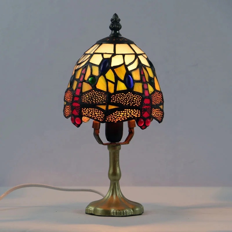 LongHuiJing Mini Dragonfly Stained Glass Lampshade Desk Light Handcrafted Tiffany Art Table Lamps