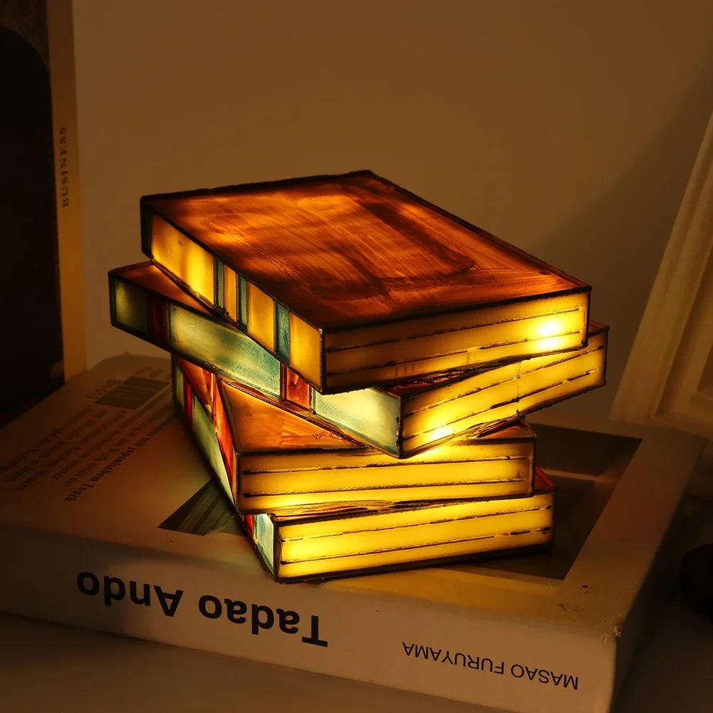 Vintage Stacked Books Lamp Decorative Handicraft Stacked Books Light Stained Glass Table Reading Light Nightstand Desk Lamps