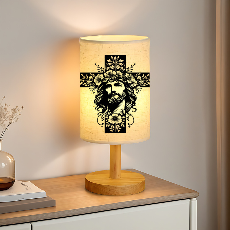 USB Powered Linen Table Lamp With Christ Cross Design