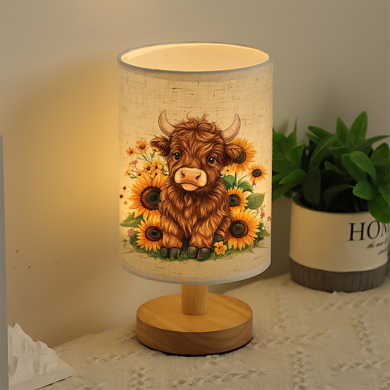 Modern USB Powered Linen Table Lamp with Highland Cow and Sunflowers Design