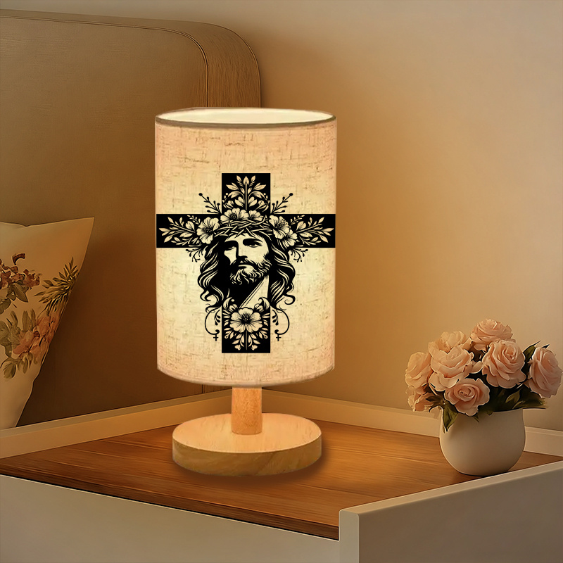 USB Powered Linen Table Lamp With Christ Cross Design