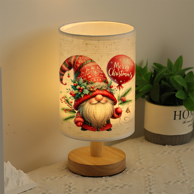 USB Powered Linen Table Lamp With Festive Gnome And Merry Christmas Design 
