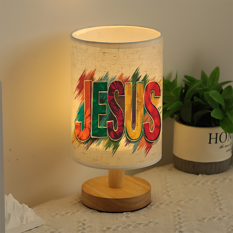Modern USB-Powered Linen Table Lamp with Multicolor " " Lettering & Christian Cross Design
