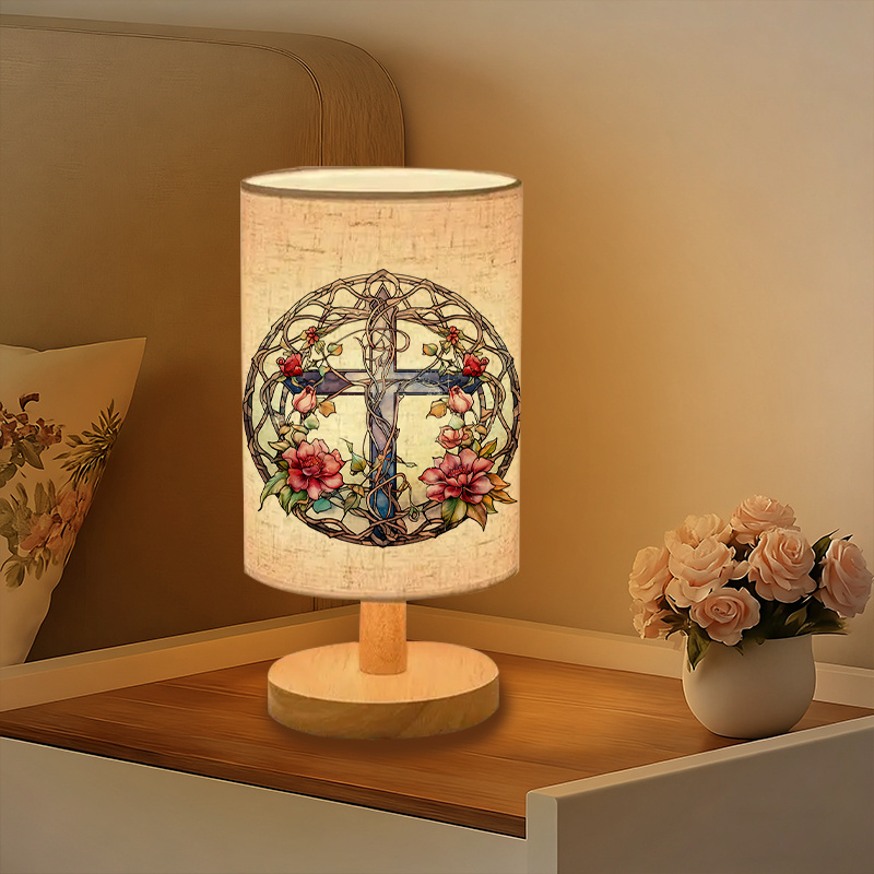 Modern USB-Powered Linen Table Lamp with Floral Tree of Life Design