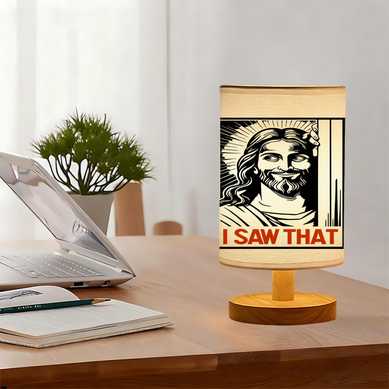 Modern USB-Powered Linen Table Lamp Christ "I Saw That" Design