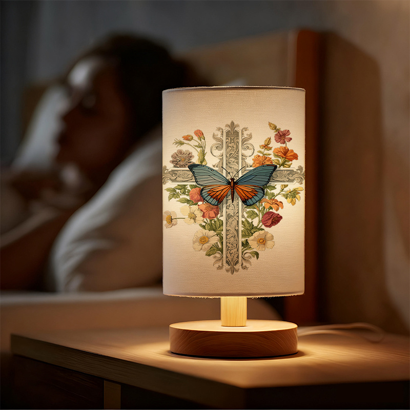 USB Powered Linen Table Lamp With Floral And Pattern Shade