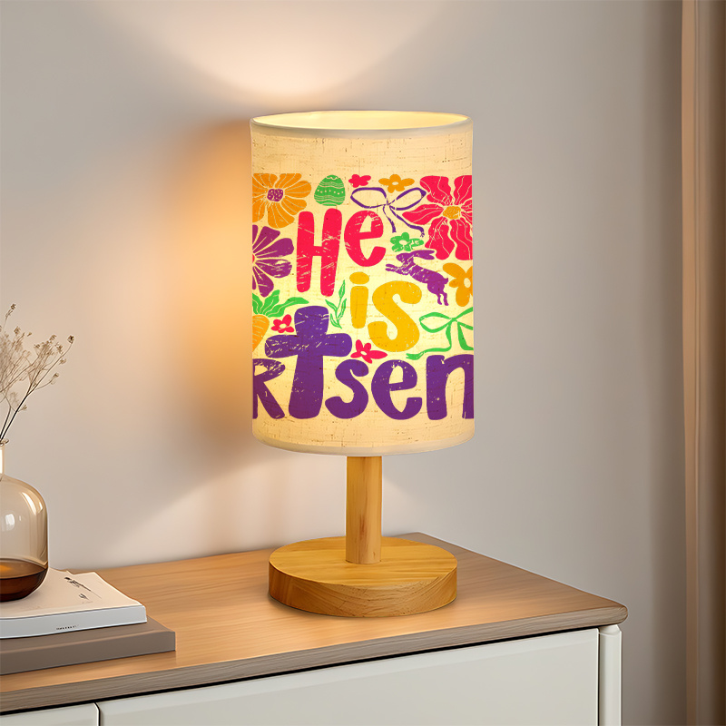 Modern USB-Powered Linen Table Lamp with Floral & "He is Risen" Christian Design