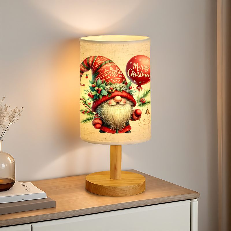 USB Powered Linen Table Lamp With Festive Gnome And Merry Christmas Design 