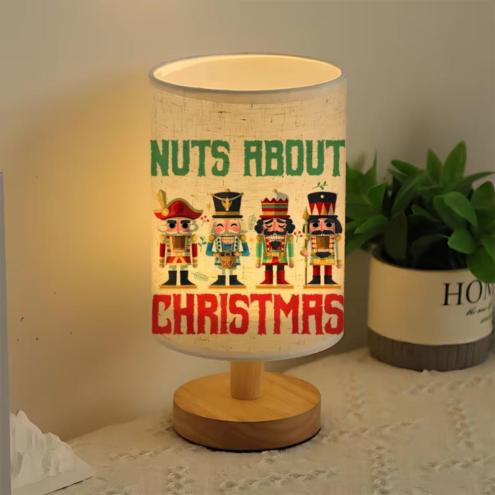 Nuts About Christmas Print Table Lamp With Nutcracker Design And Wooden Base