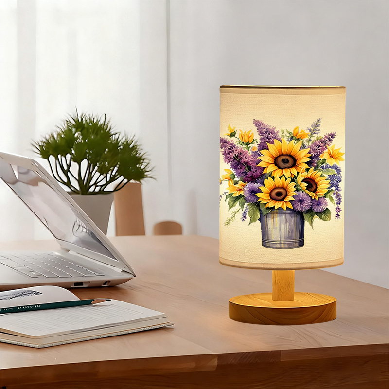  USB-Powered Linen Table Lamp with Floral Pattern & Sunflower Design