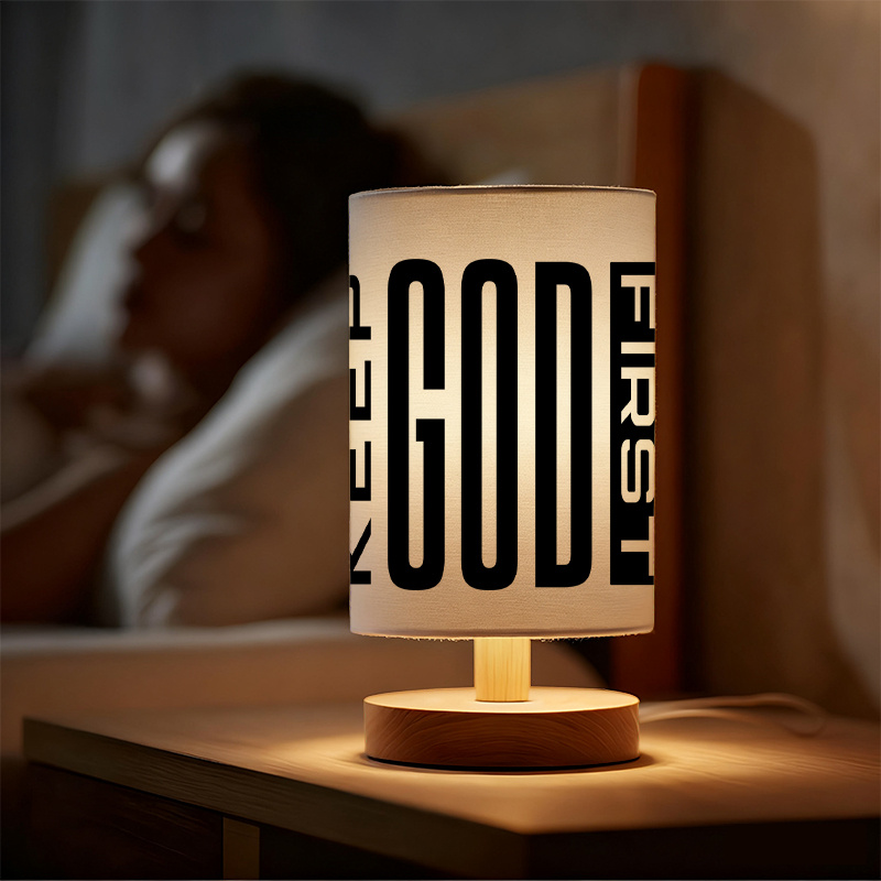Modern USB-Powered Linen Table Lamp with "Keep God First" Inspirational Message
