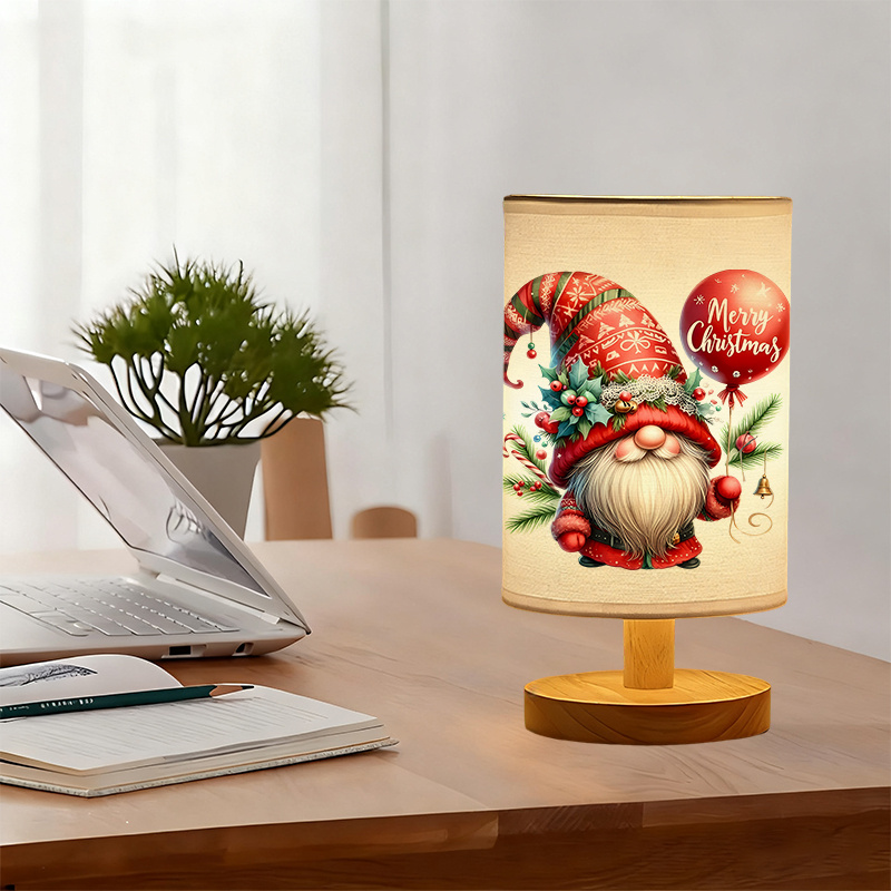 USB Powered Linen Table Lamp With Festive Gnome And Merry Christmas Design 