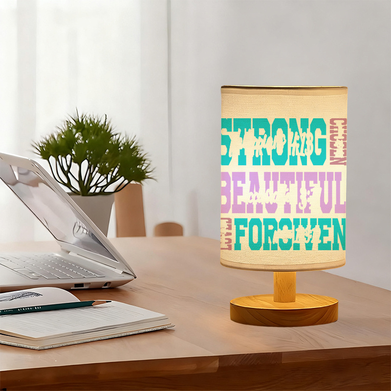 USB-Powered Linen Table Lamp with Inspirational "Strong Beautiful" Quote