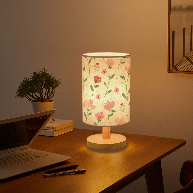 Double-Sided Bedside Lamp with Pink Floral & Green Foliage Linen Shade