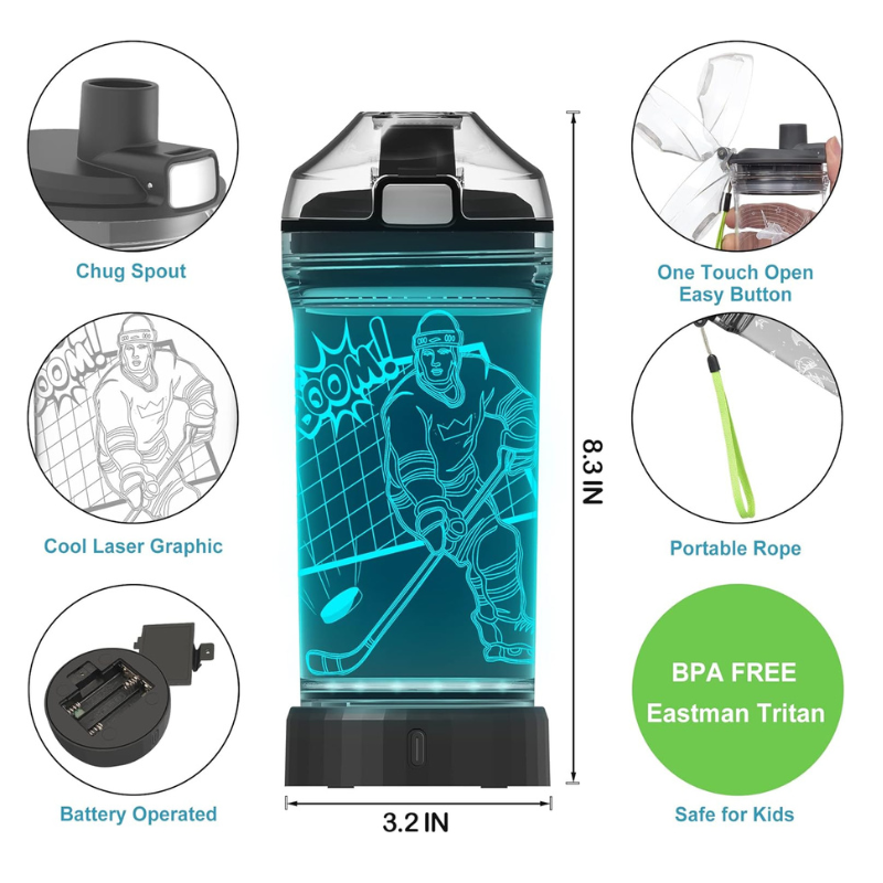 3D Glowing Ice Hockey LED Water Bottle – Rechargeable Leak-Proof-3D Optical Lamp