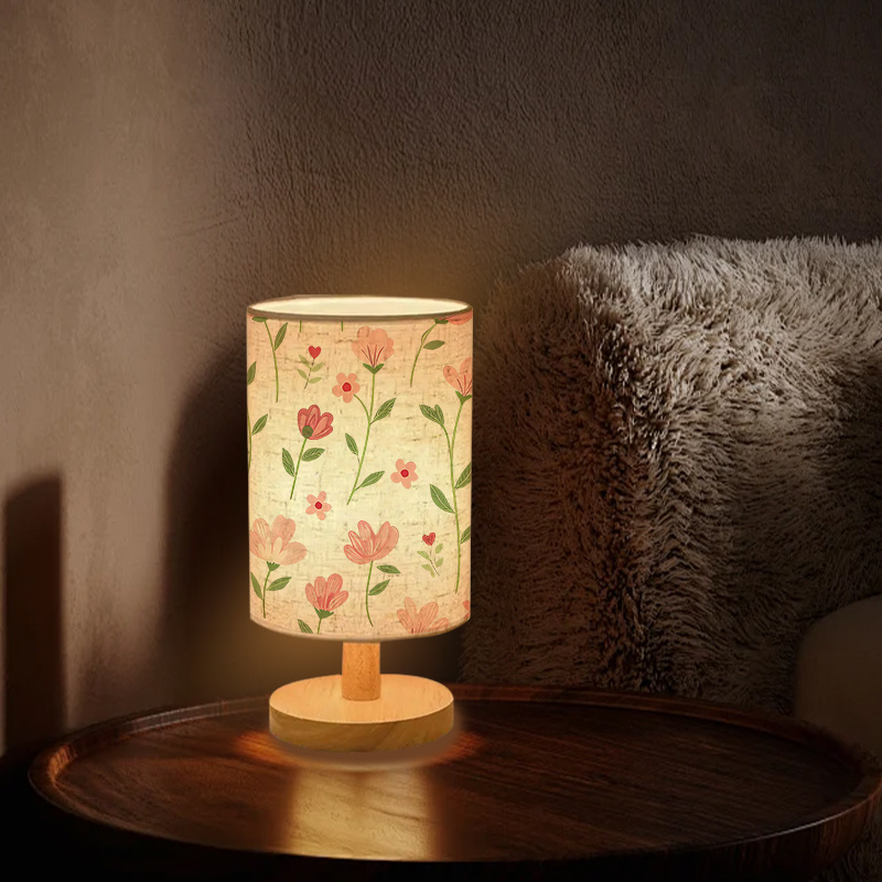 Double-Sided Bedside Lamp with Pink Floral & Green Foliage Linen Shade