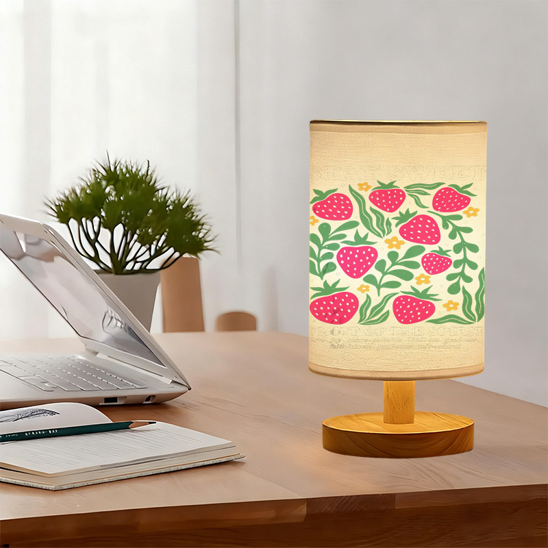 Modern USB Powered Linen Table Lamp with Strawberry Floral Pattern and Soft Glow Lighting
