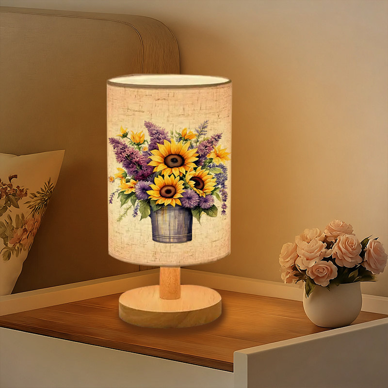  USB-Powered Linen Table Lamp with Floral Pattern & Sunflower Design