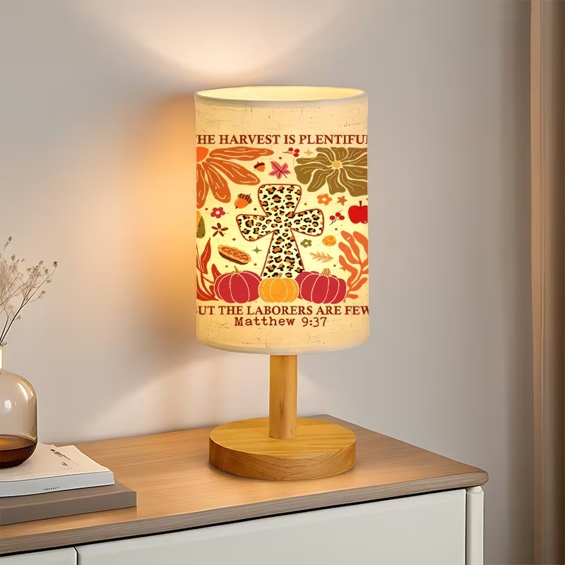 Modern USB-Powered Linen Table Lamp with Floral & Fruit Patterns (Peaches, Apples, Pears)