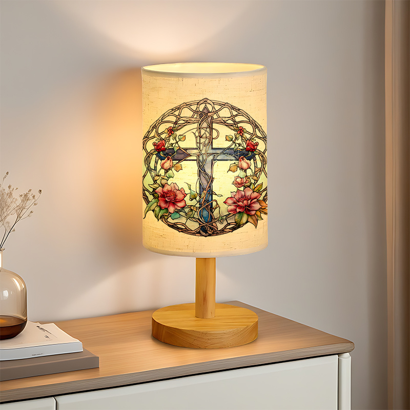 Modern USB-Powered Linen Table Lamp with Floral Tree of Life Design