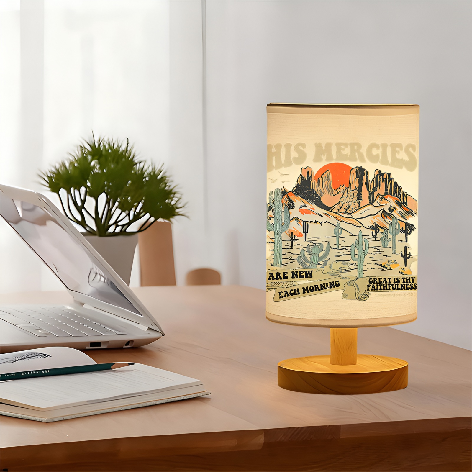 Modern USB-Powered Linen Table Lamp with Western Desert Landscape
