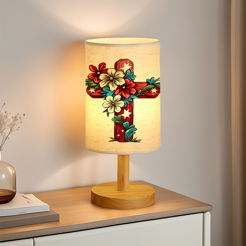 Modern USB-Powered Linen Table Lamp with Floral Cross Design & Warm Glow Lighting
