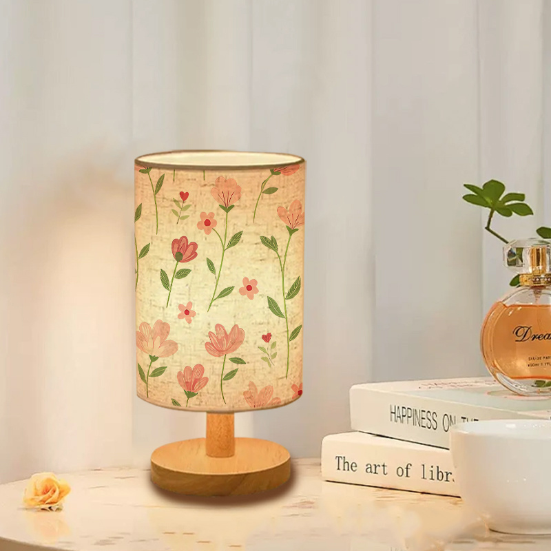 Double-Sided Bedside Lamp with Pink Floral & Green Foliage Linen Shade