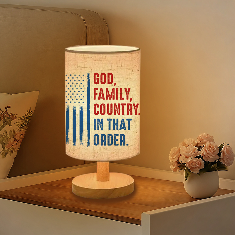 Modern USB-Powered Linen Table Lamp with Flag & "God for family Country in That Order" Design