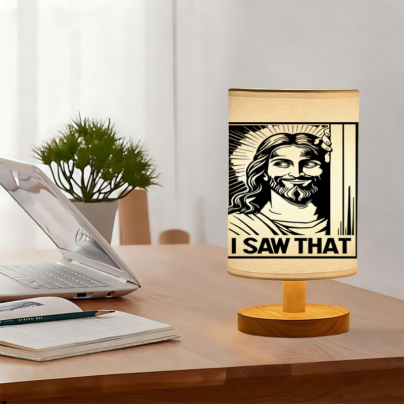 Modern USB-Powered Linen Table Lamp Christ "I Saw That" Design