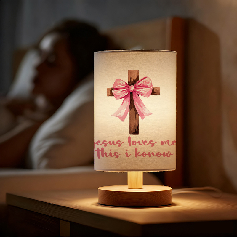 Modern USB-Powered Linen Table Lamp with Elegant Bow & Cross Design
