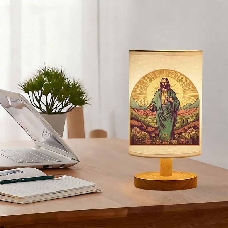 Modern USB-Powered Linen Table Lamp Christ Religious Design 