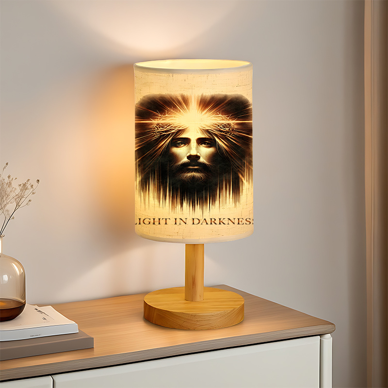 Modern USB-Powered Linen Table Lamp Christ Face Design & "Light in Darkness" Inscription