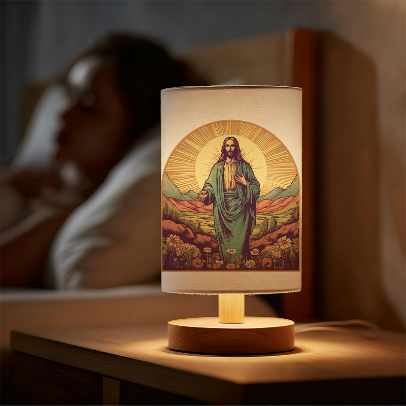 Modern USB-Powered Linen Table Lamp Christ Religious Design 