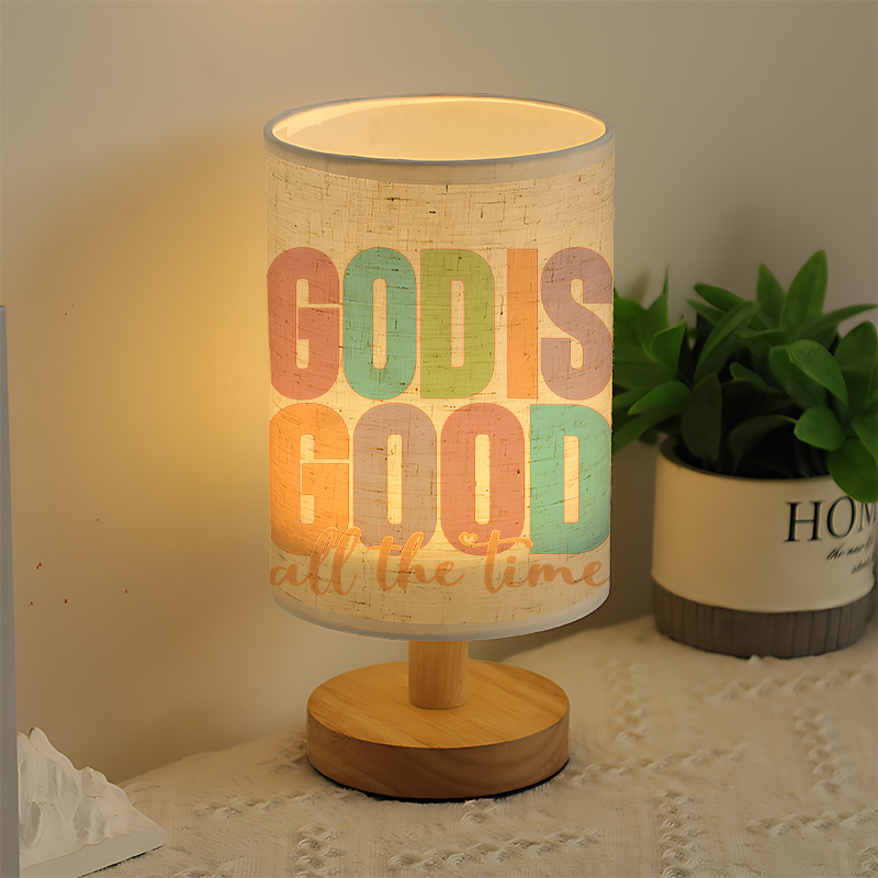 Modern USB-Powered Linen Table Lamp with Inspirational "GOD IS GOOD ALL THE TIME" Design