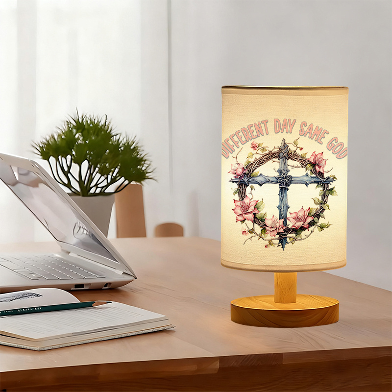 Table Lamp with Floral Cross & "One Day More Like Less Like Me" Design