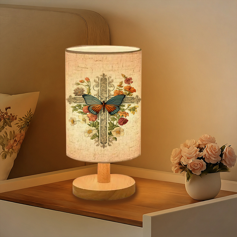 USB Powered Linen Table Lamp With Floral And Pattern Shade