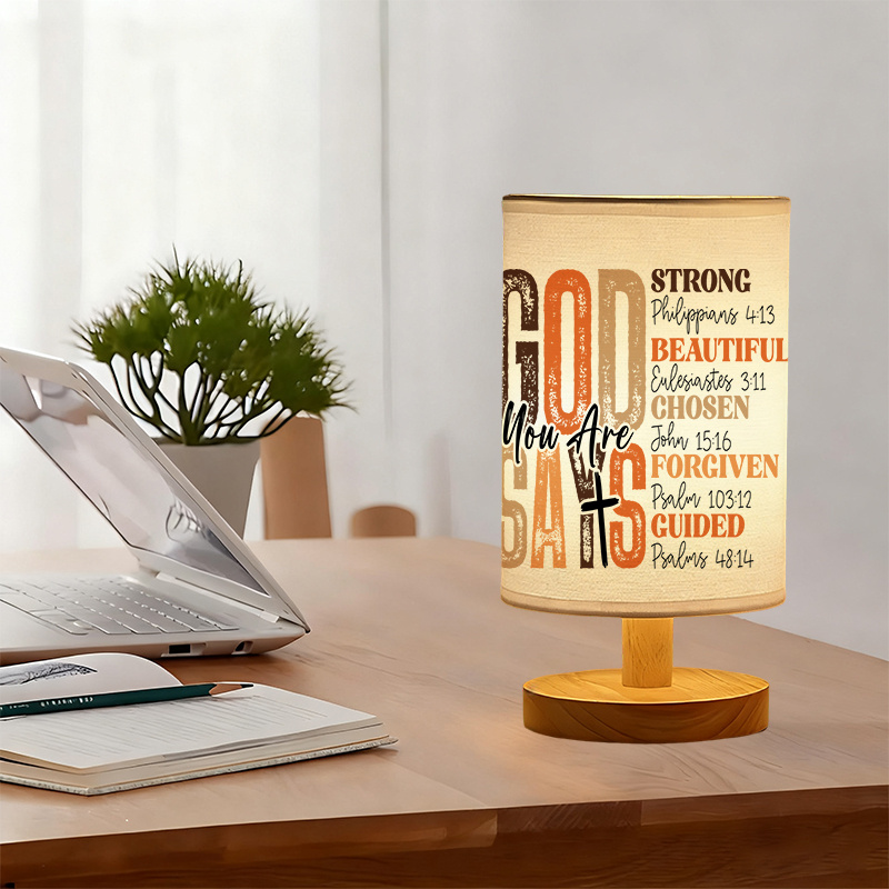 Modern USB-Powered Linen Table Lamp with Inspirational Bible Verse Design