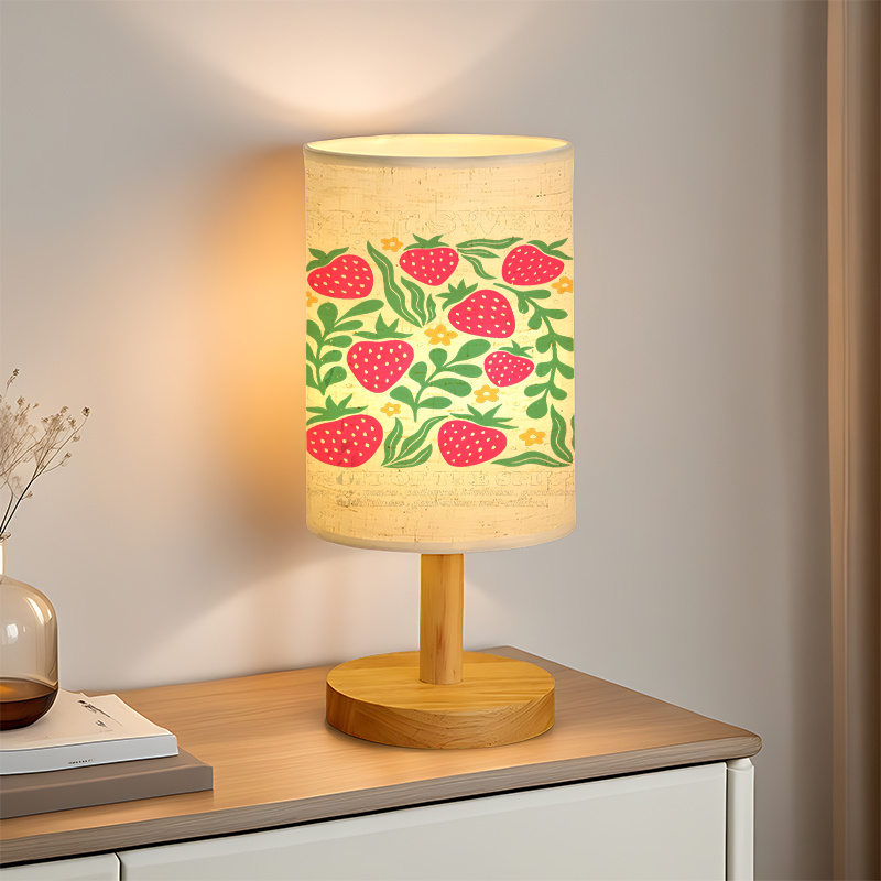 Modern USB Powered Linen Table Lamp with Strawberry Floral Pattern and Soft Glow Lighting