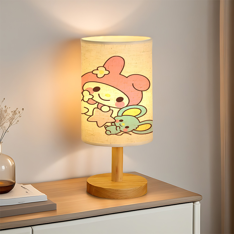 A modern USB-powered Sanrio linen table lamp featuring creative Sanrio patterns
