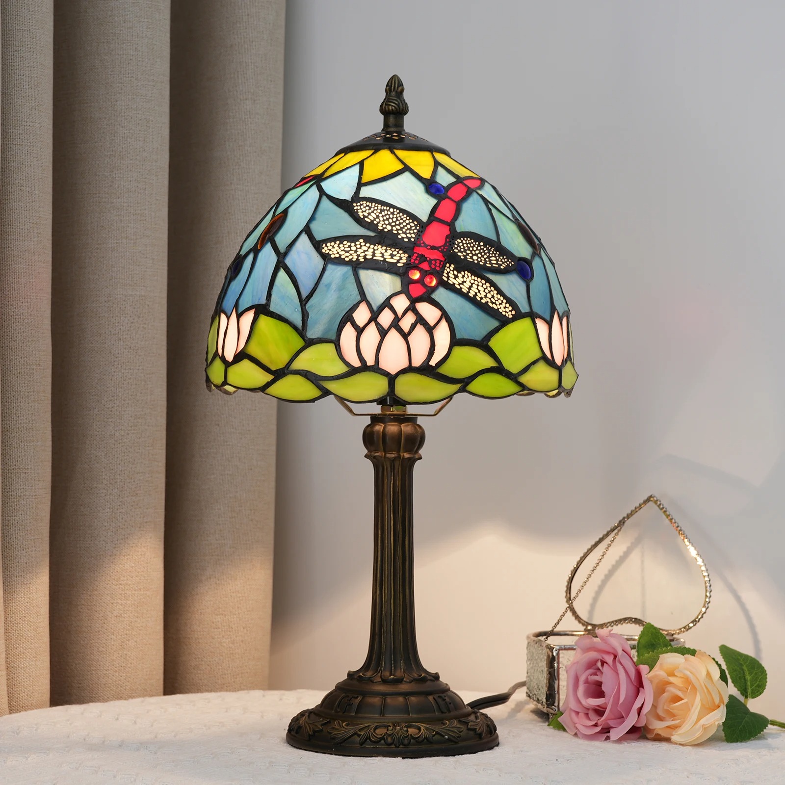 European Style Dragonfly Desk Table Stained Glass Lamp