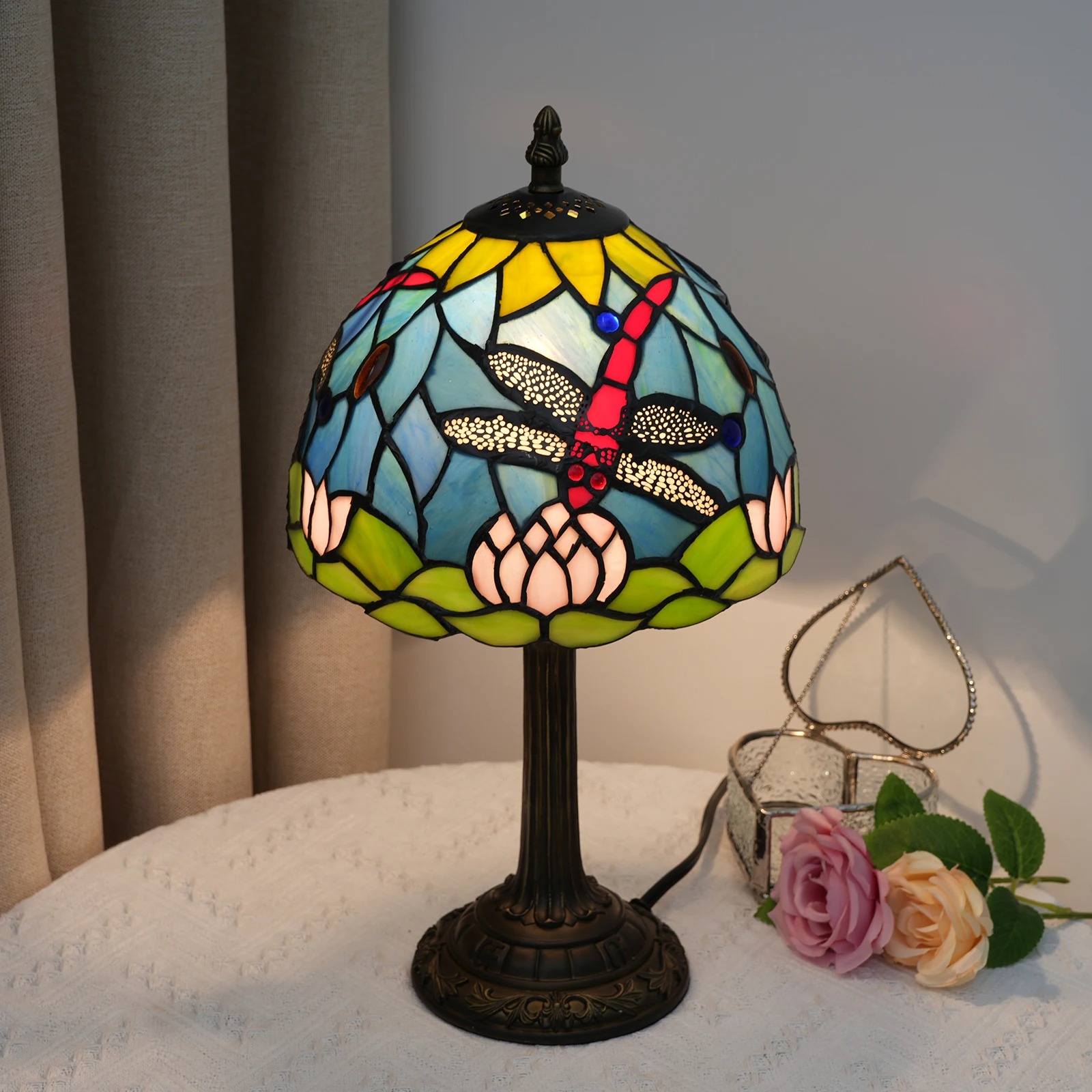 European Style Dragonfly Desk Table Stained Glass Lamp