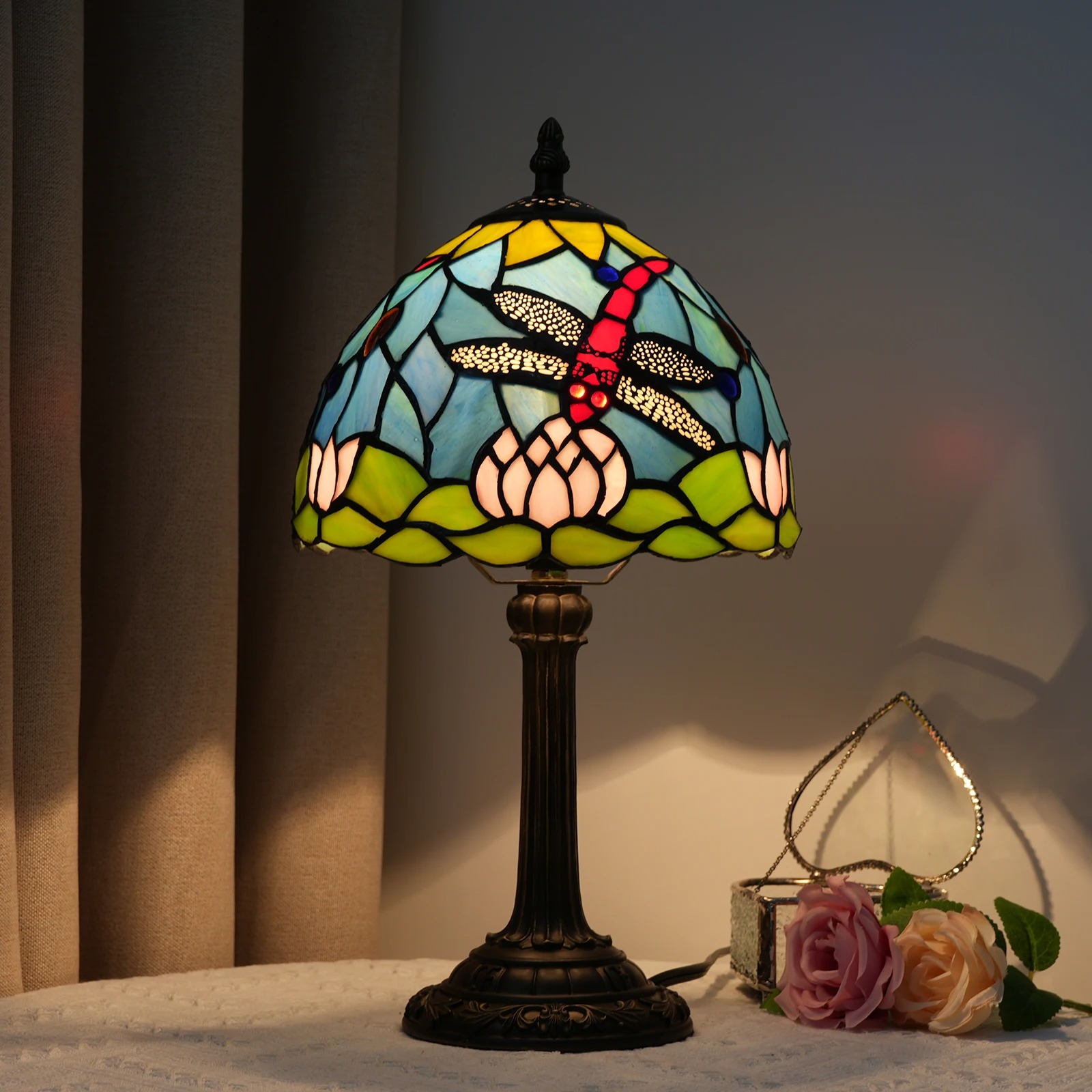 European Style Dragonfly Desk Table Stained Glass Lamp