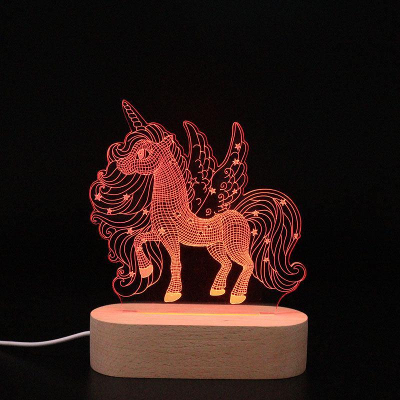 Unicorn 3D Optical Illusion Lamp Oval Wooden Base Child Birthday Gift Room Decor - 3D Optical Lamp