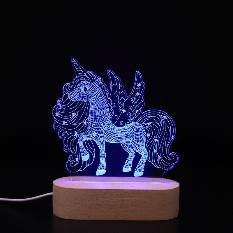 Unicorn 3D Optical Illusion Lamp Oval Wooden Base Child Birthday Gift Room Decor - 3D Optical Lamp