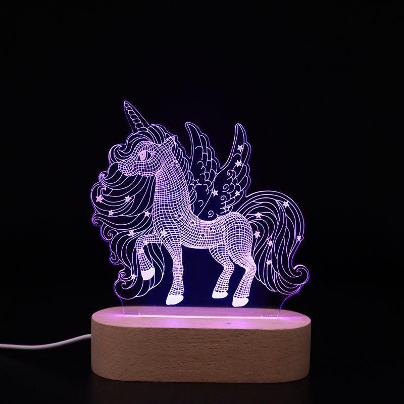 Unicorn 3D Optical Illusion Lamp Oval Wooden Base Child Birthday Gift Room Decor - 3D Optical Lamp