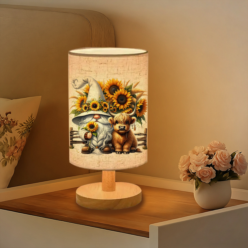 Modern USB Powered Linen Table Lamp with Sunflower And  Gnome Design