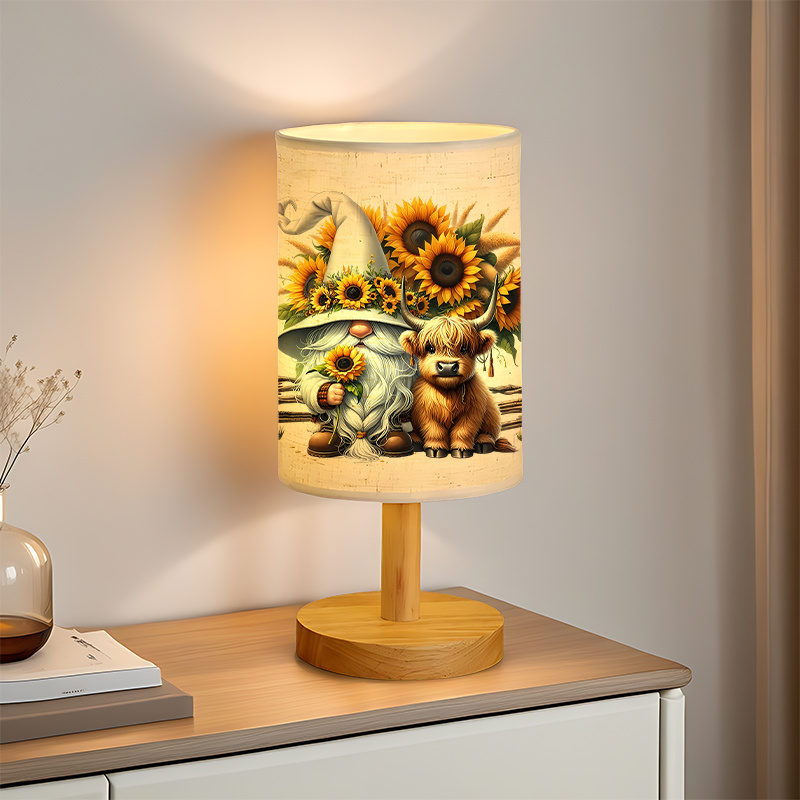 Modern USB Powered Linen Table Lamp with Sunflower And  Gnome Design